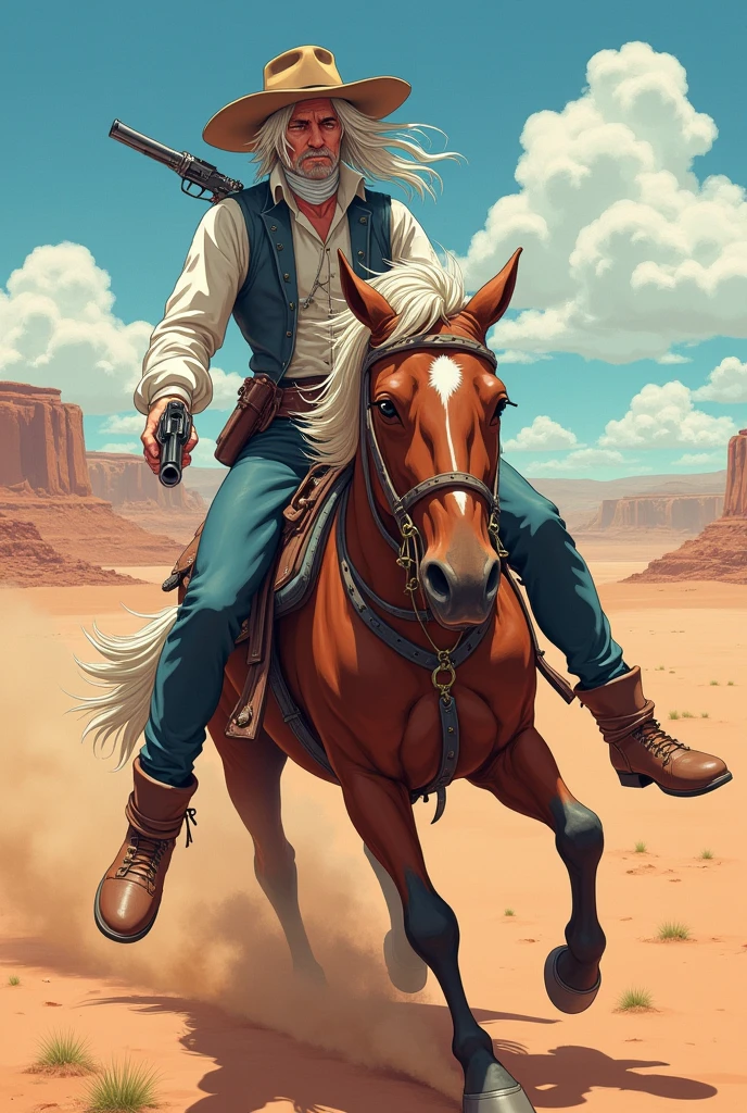 a character with a wide brimmed hat with white hair, bandages on the face a white long-sleeved shirt, with a blue-gray vest, a holster with accessories holding a revolver, with blue fitted pants and leather boots, in a desert riding a horse shooting in 2D anime drawing