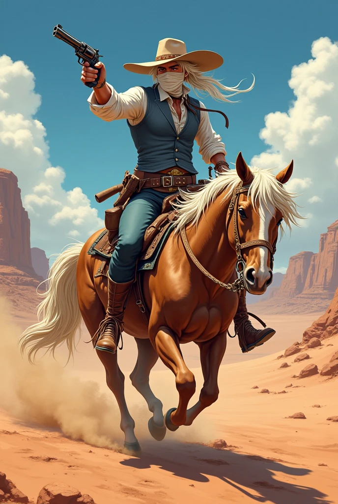 a character with a wide brimmed hat with white hair, bandages on the face a white long-sleeved shirt, with a blue-gray vest, a holster with accessories holding a revolver, with blue fitted pants and leather boots, in a desert riding a horse shooting in 2D anime drawing