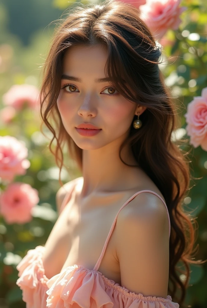 8k, RAW photo, Fujifilm, style photo of a beautiful young woman with dark long hair and hazel eyes in a garden of light pink roses (highly detailed skin: 1.2) Style-Petal BREAK light pink lips, brown hair with colored locks, wearing a dress, film granulation, 35mm, cute style. Sunny weather.