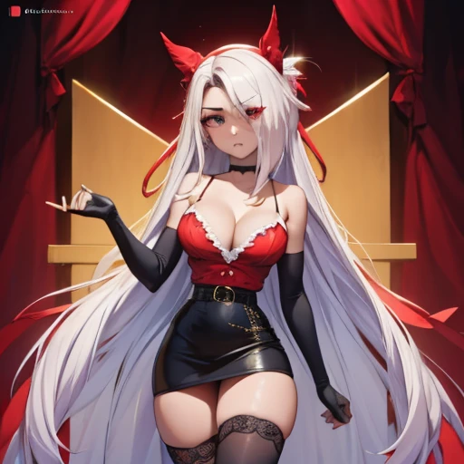 full-body, stand, side, pose for photo, pose(masterpiece, best quality:1.4), absurdres, highres, ultra detailed, beautiful, (secretary), (perfect face, detailed face, beautiful:1.3),(natural breasts, cleavage), collarbone, fingerless gloves, gloves,spaghetti strap top, black pencil skirt, tight, over the knee skirt, hat, elegant secretary outfit, thighhighs, thick thighs, thighs, multiple belts, More detailed 8K.motor irreal:1.4,UHD,La mejor calidad:1.4, fotorrealista:1.4, textura de la piel:1.4, obra maestra:1.8,obra-prima, mejor calidad, (detailed face features:1.3),(manos detailed)