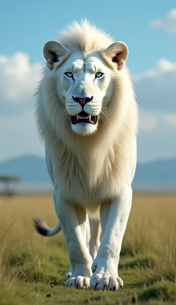 Generate ultra realistic 8k video of a big and strong blue-eyed white lion