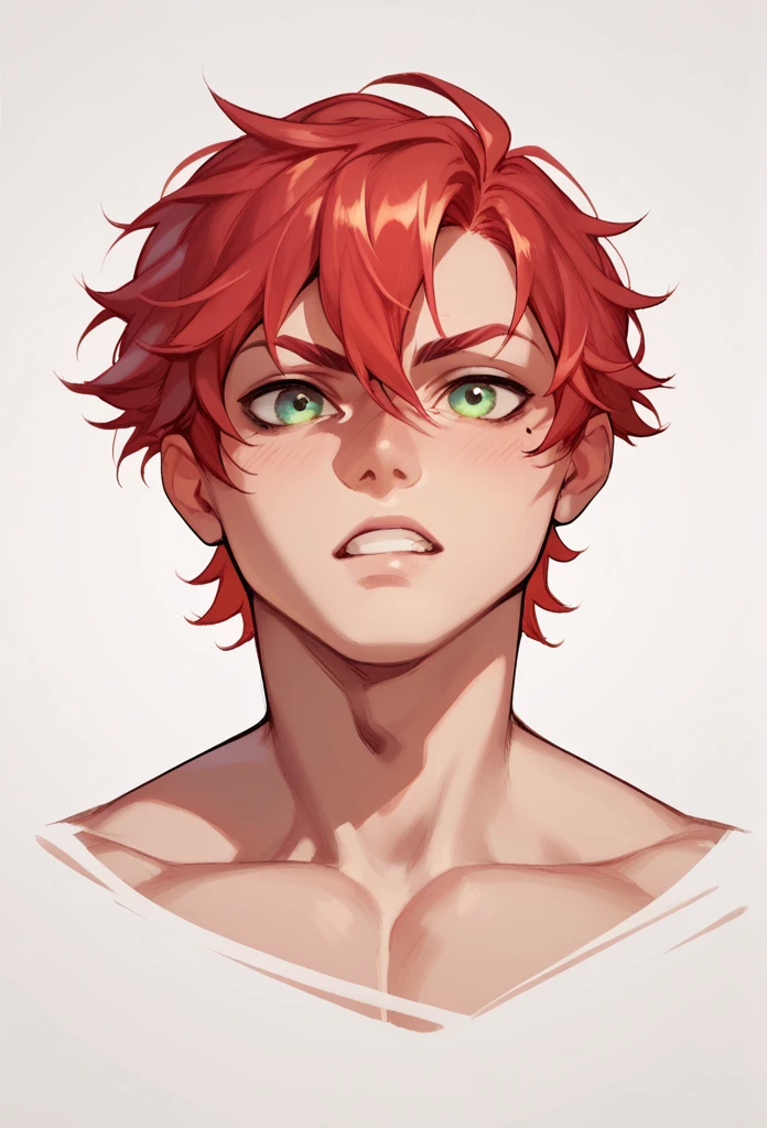 boy, Red-Haired, hairless, bright green eyes