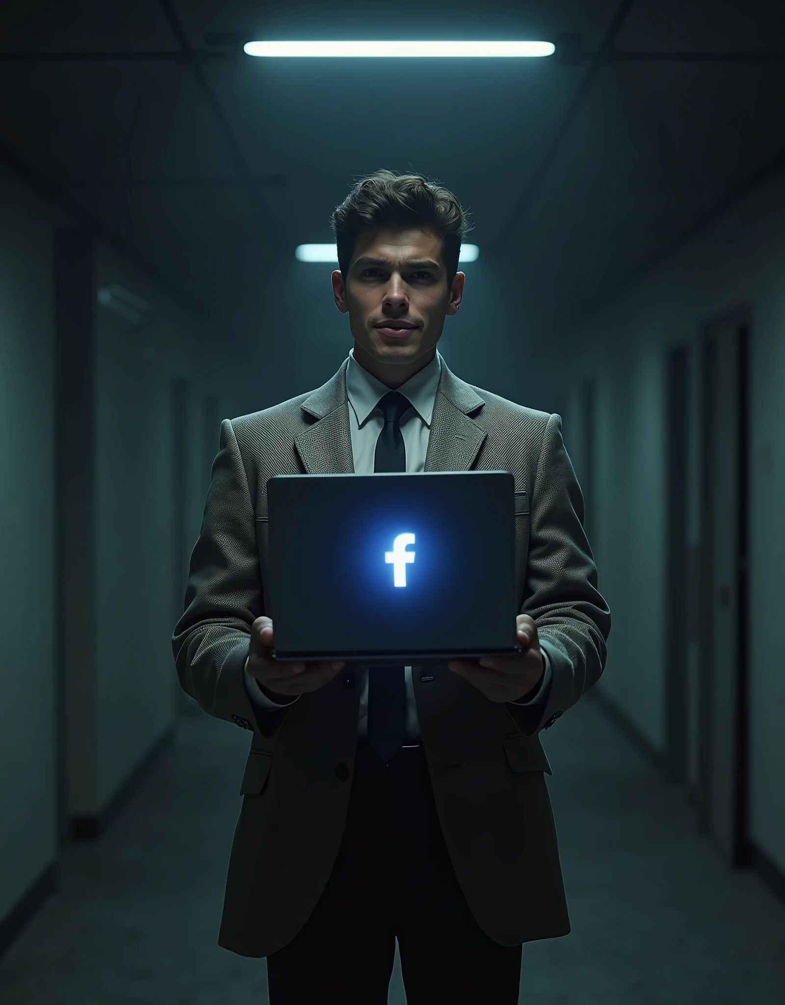a thin 2 man wearing a suit. the suit is old, big and uncomfortable. the young man is holding a laptop with the facebook symbol. he shows a slight smile of embarrassment. It's night, the environment is dark and empty.