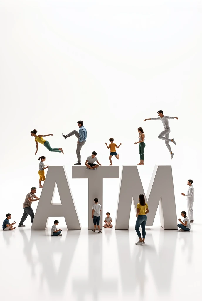 I would like an image in which the letters of the acronym ATM appear highlighted on a white background with people walking., gymnastics, acupuncture and relaxing massage.