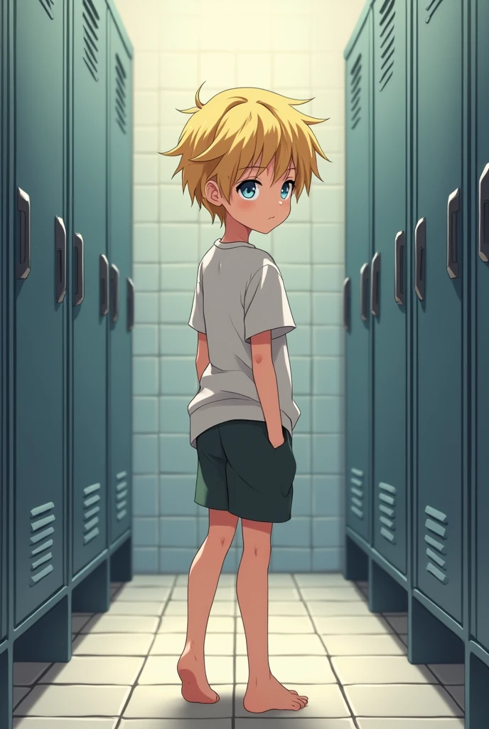 Blonde boy petite facing me inside locker room anime. 5’2 round butt and playful face