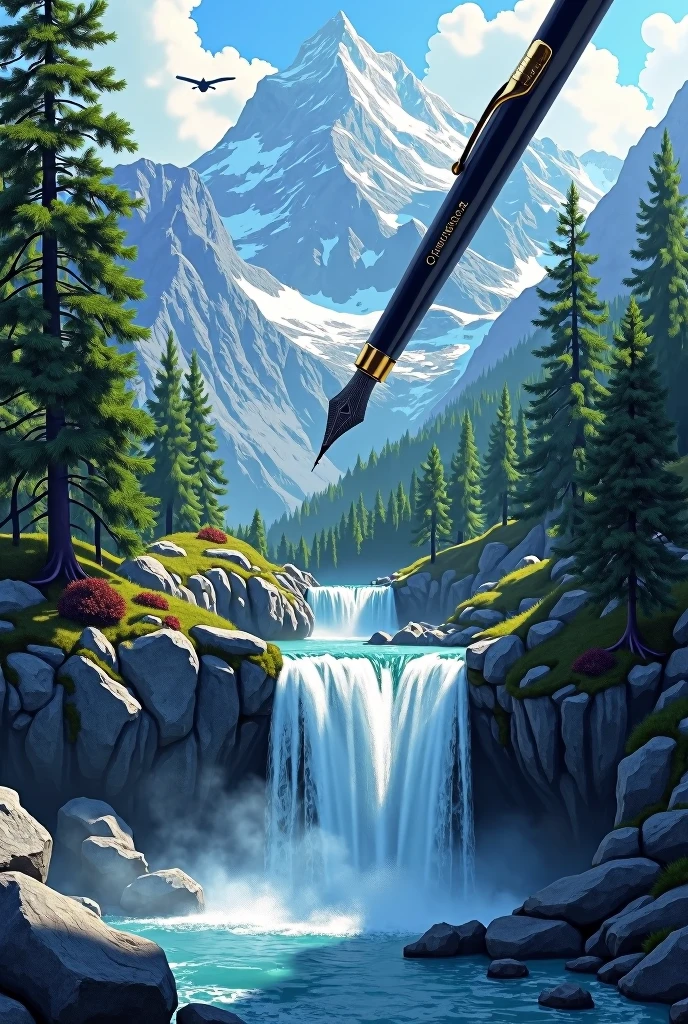 Stylo plume qui dessine une cascade qui descend de la montagne bordé de sapin