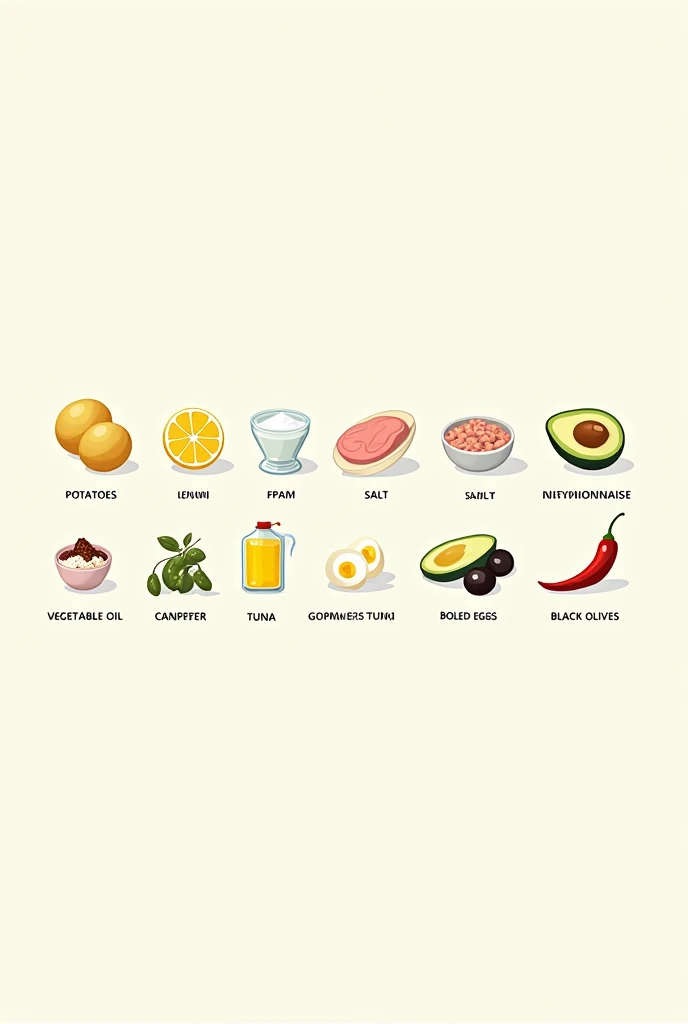 Make a small infographic of these ingredients:  potatoes, lemon,  Vegetable oil, Salt, Pepper, canned tuna, Mayonnaise, Avocado,  Boiled eggs,  Black olives, Chili. Let it be rectangular and the letter not so big