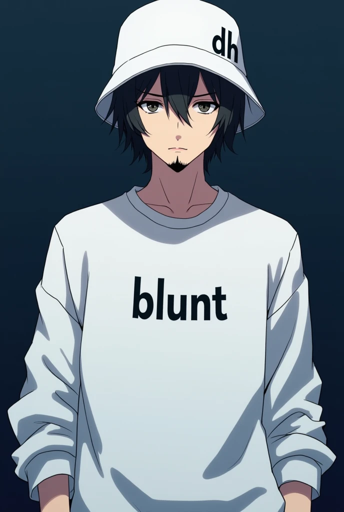 Adult male character in anime format with a white sweatshirt with the words BLUNT written on it and a white bucket hat with the words DH written on the right corner, with short black hair and a goatee, looking serious, looking forward from the abdomen up, with a dark blue background.