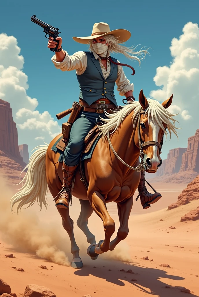 a character with a wide brimmed hat with white hair, bandages on the face a white long-sleeved shirt, with a blue-gray vest, a holster with accessories holding a revolver, with blue fitted pants and leather boots, in a desert riding a horse shooting in 2D anime drawing