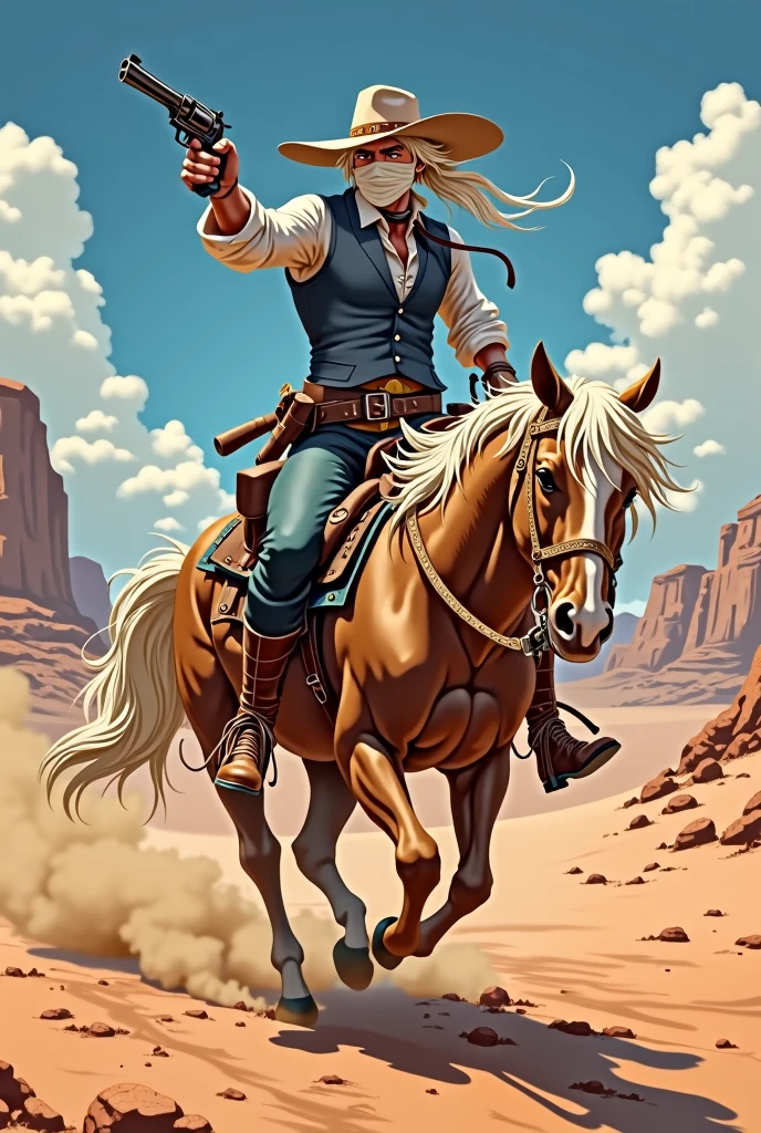 a character with a wide brimmed hat with white hair, bandages on the face a white long-sleeved shirt, with a blue-gray vest, a holster with accessories holding a revolver, with blue fitted pants and leather boots, in a desert riding a horse shooting in 2D anime drawing