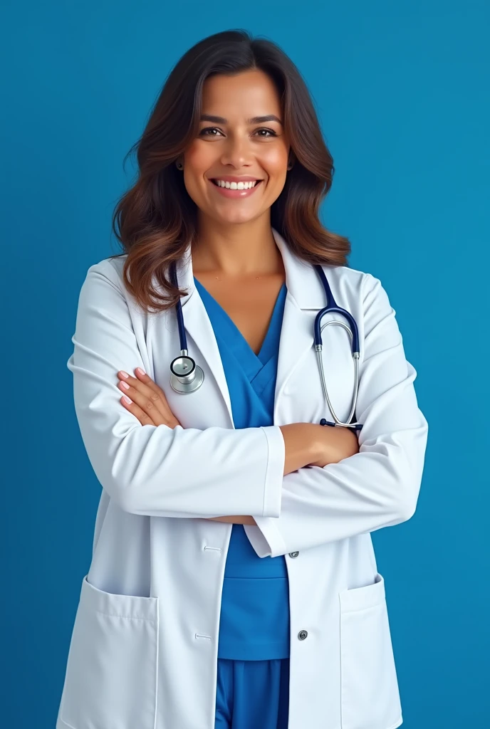 "Create the image of a Brazilian nurse wearing a white coat and with a stethoscope under her shoulders, with medium brown skin and loose brown hair. She should be a middle-aged woman, slightly overweight, with a warm and professional. The background should be a solid royal blue, providing a strong contrast with your white coat. The overall composition should emphasize your approachable and attentive demeanor.