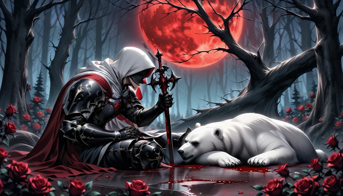 Male knight with a white hood with bear ears with sword behind his back sits on the ground towards a polar bear in a forest while the moon shines, many Roses cover the ground and lightning falls from the sky. The polar bear sleeps in front of the knight. Only the man wears a red blindfold. In the background of the picture is the blood moon and a tree has fallen down in the path. The forest is full of trees with leaves. The armor of the man is black and red roses decorate it. The knight has its sword in his hand.

