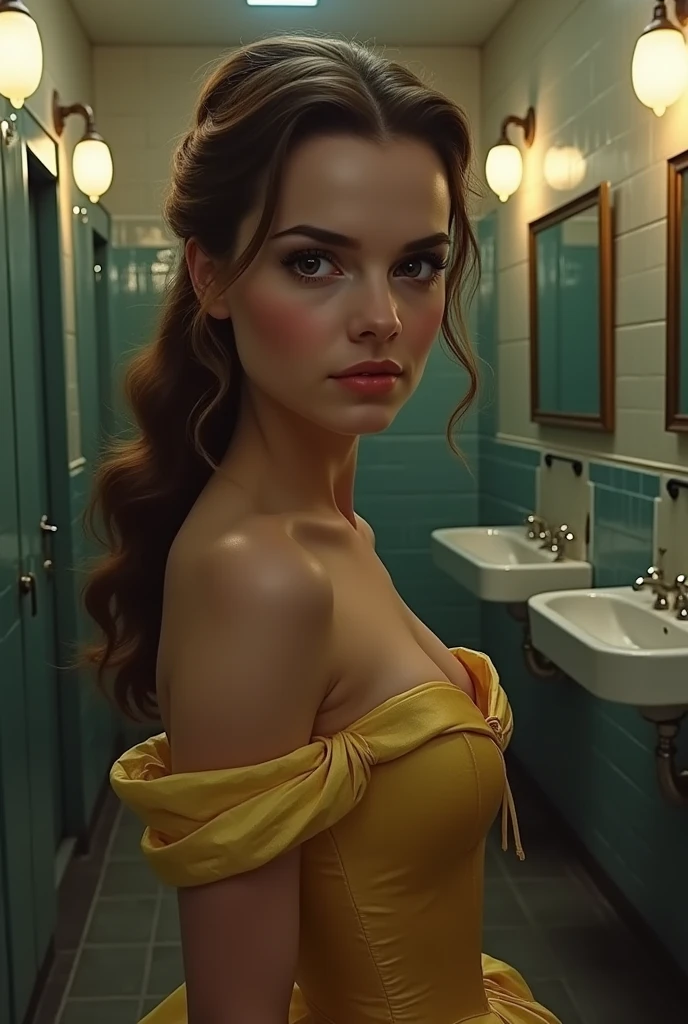 Emma Watson as Belle, sexy background public bathroom men 