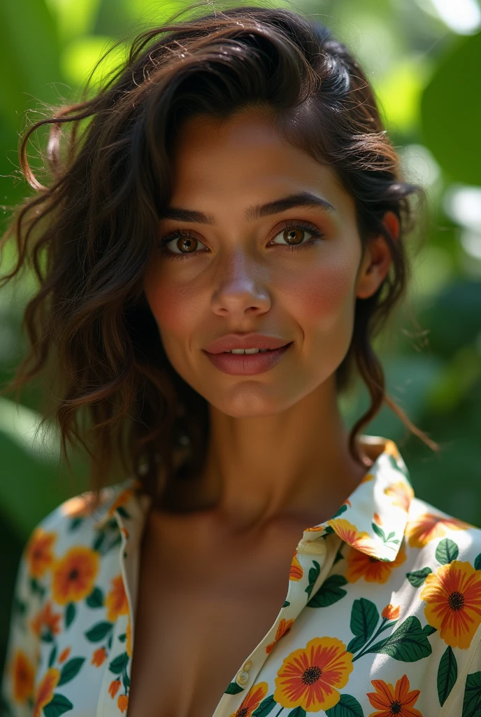 A Brazilian woman in a lush tropical garden, wearing an open shirt with a floral print, with a close-up capturing the harmonious beauty between her breasts and the natural flowers, showing off your natural charm and outgoing personality.