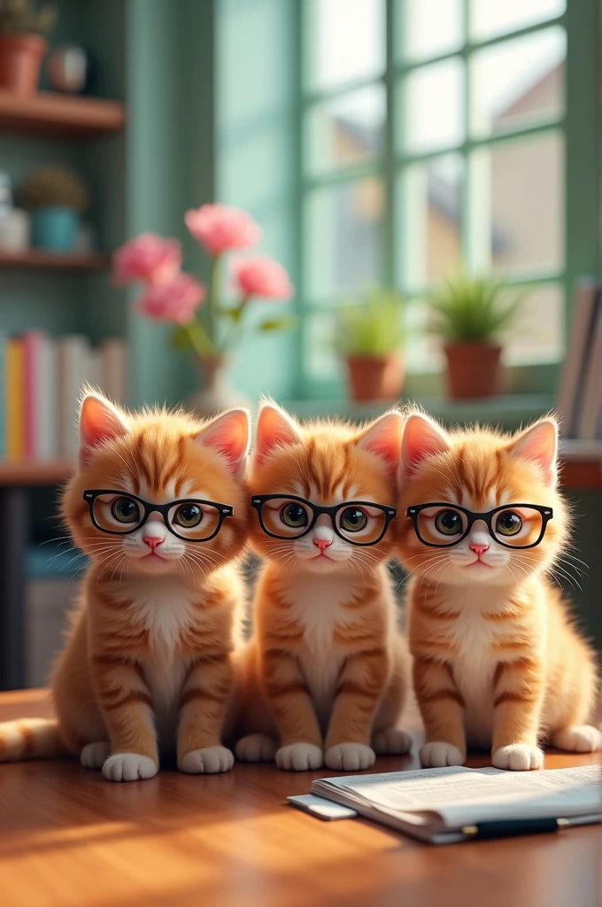 Four kittens wearing glasses, one is boss, a outra designer, the other journalist and the other psychologist 