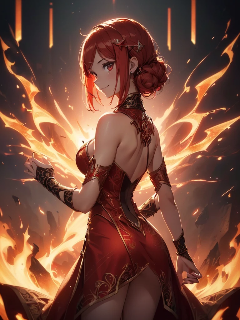 (((best quality, sharp image, clear image, cinematic lighting, 8k resolution, masterpiece, ultra detailed, intricate))) Girl, sorcerer, cute, intricate dress, smiling, fiery red, ((intricate background)), (rune frame), dimension, ((shot from behind)), fire sigils, chaotic background, ((half-body shot))