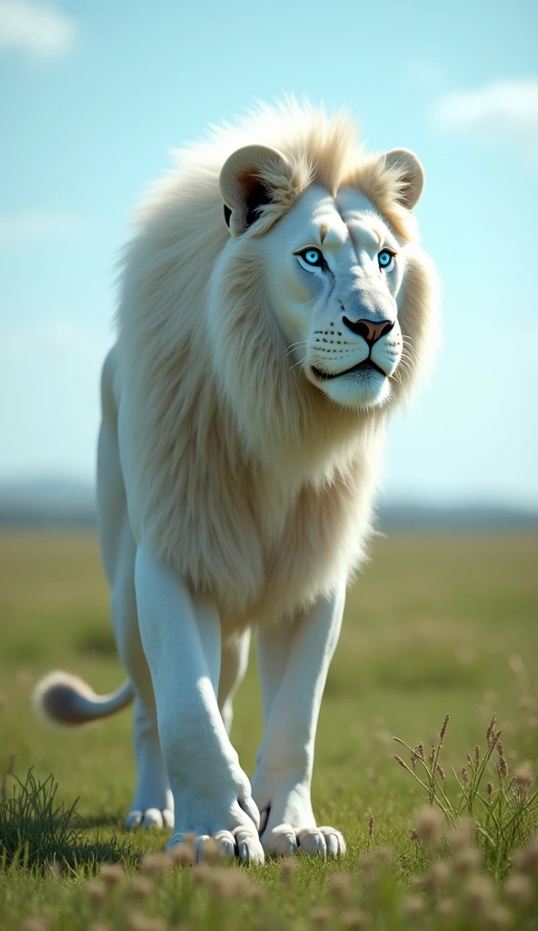 Generate ultra realistic 8k video of a big and strong blue-eyed white lion