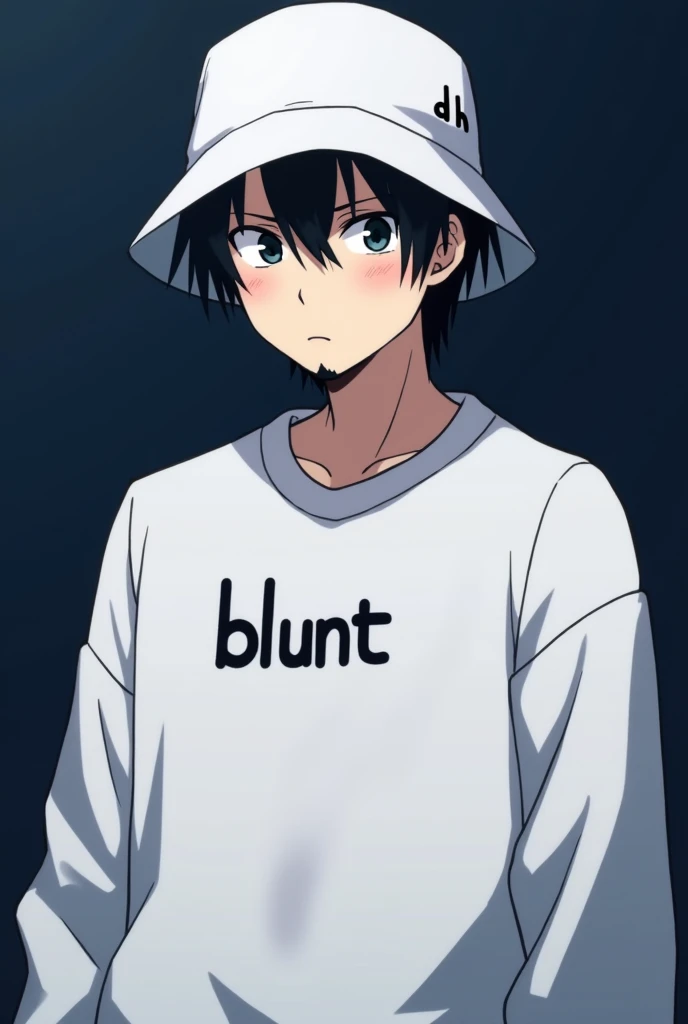 Adult male character in anime format with a white sweatshirt with the words BLUNT written on it and a white bucket hat with the words DH written on the right corner, with short black hair and a goatee, looking serious, looking forward from the abdomen up, with a dark blue background. 