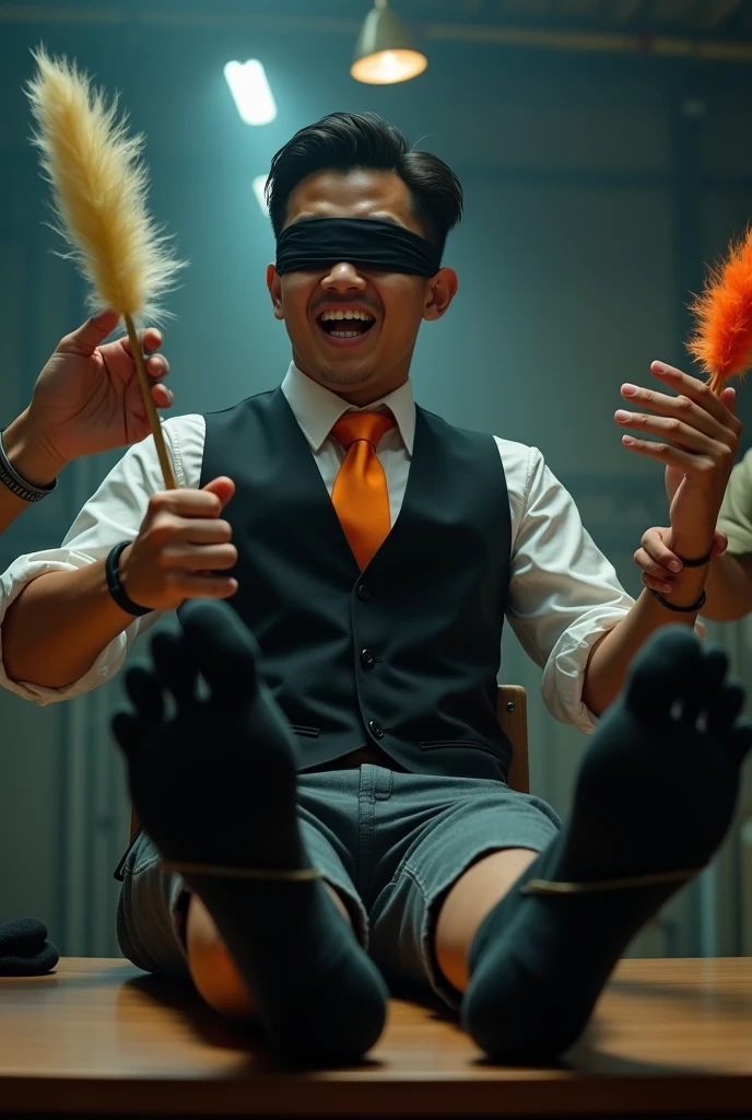 Malaysia malay handsome 20 years student 
He laugh very hard
His hand tied up  in warehouse 
Blindfolded
Hand handcuff
Black vest orange tie
Focus feet on desk
feather duster tickle feet desk
Black stinky sock
2 man tickle boy feet using  feather  duster 

