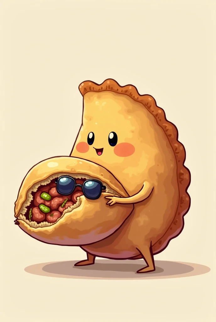 an image of an empanada holding another bitten empanada with sunglasses on its face
