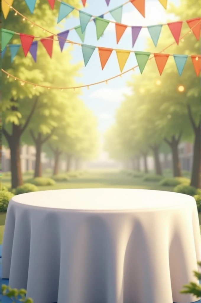 A table with fair pennants and a white tablecloth