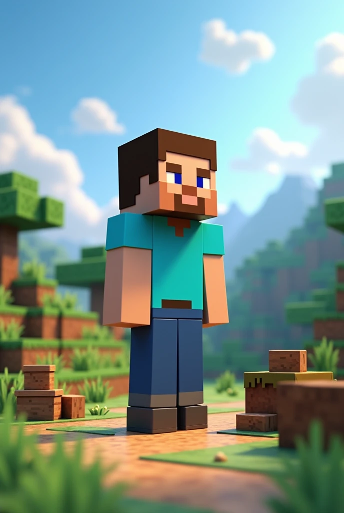 Make a picture of 3d and animated minecraft where steve making his first house