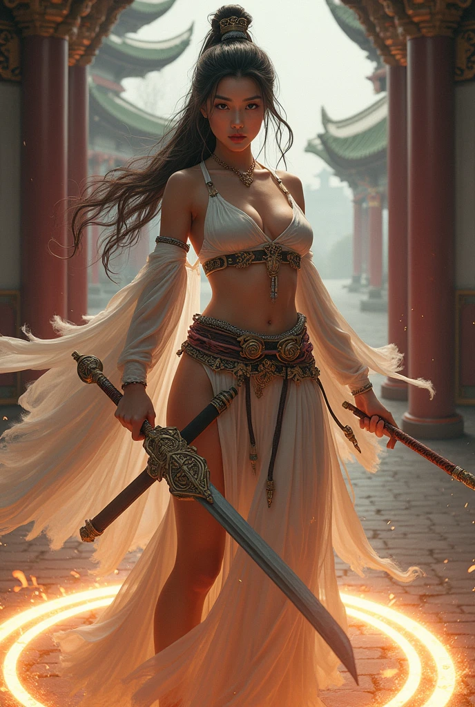 Best quality,masterpiece,ultra high res,(photorealistic:1.4),xiuxian,weapon,Detailed face,, 1girl,solo,weapon,cleavage,(magic circle:1.2),xiuxian,upper body,Beautiful girl,full body,east asian architecture,sheath,architecture,