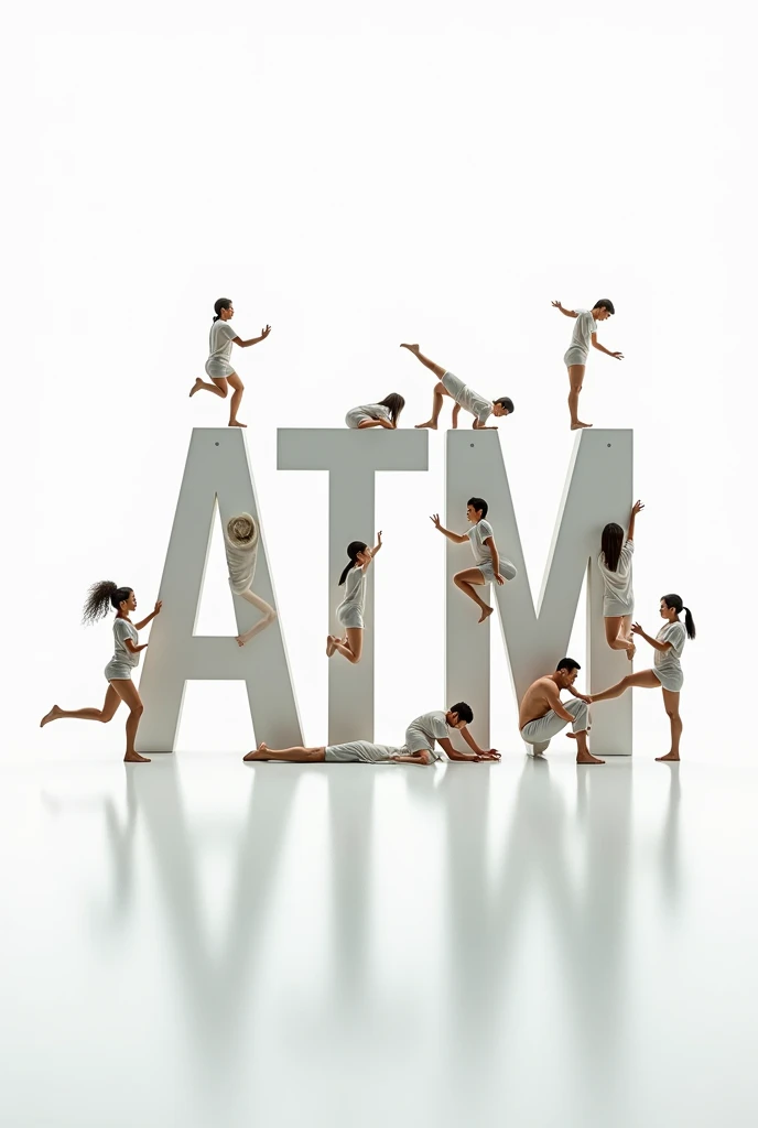 I would like an image in which the letters of the acronym ATM appear highlighted on a white background with people walking., gymnastics, acupuncture and relaxing massage.