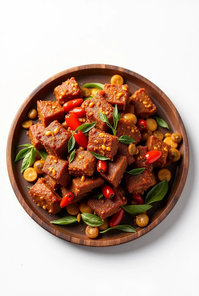 A spicy meat dish on a wooden plate in the center of a white background
