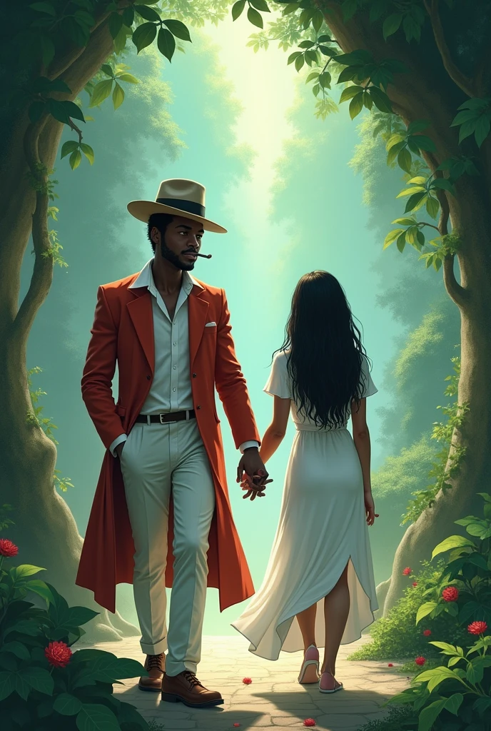Mr. Ze, a little black man in a white and red suit with a hat on one side, smoking a cigarette in a beautiful place, guiding a black-haired medium with his spiritual family