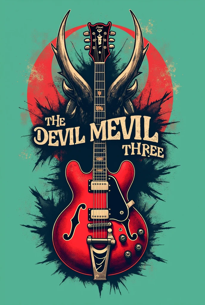 {
  "prompt": "Design a t-shirt logo for 'The Devil Makes Three' band. Create a central image with a vintage, rugged aesthetic featuring elements like a devil’s trident or horns, combined with a classic musical instrument such as a stylish guitar. Use a distressed, hand-drawn style for the illustration. Include the band's name 'The Devil Makes Three' in bold, rustic font, integrated with the central image or placed prominently around it. Use a color palette of deep reds, dark grays, and browns. The design should have a transparent background, but display against a contrasting color background that does not match the main design, such as a bright turquoise or neon green.",
  "size": "1024x1024",
  "background_color": "turquoise"
}