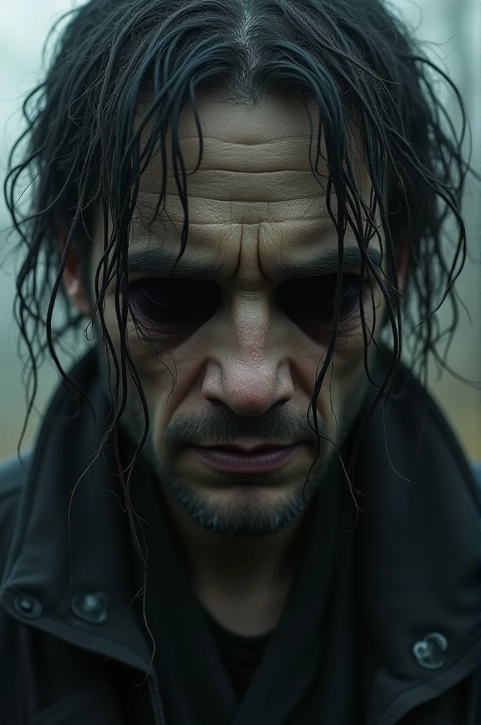 ((best quality)), ((masterpiece)), (detailed), Its face was expressionless, except for its hollow black eyes that stared right at him. Tangled hair hung over most of its face, but a thin, sinister smile was still visible. (scared) (anoying) (male)