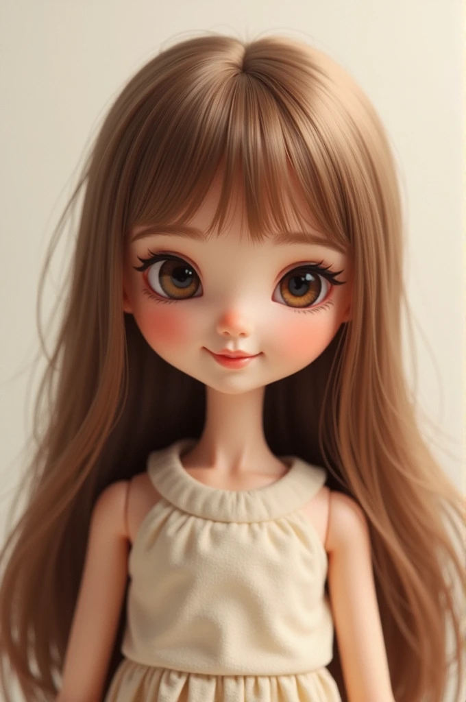 Create a doll , illustration style, long straight brown hair,  eyes browns , Grinning , 