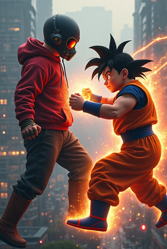 Young Star-lord with red hoodie, headphones, star-lord helmet, gas helmet, covered mouth, round red eyes, Red eyes, magic rings in the hands and rocket boots vs, Goku, Fighting, power, fiction, full body, fall, fire in boots, poweful spells, realistic, helmet, mask, confrontation, punch, gun, flying in the sky, view of the city from above, rain, fighting, Black gloves, ocean floor, face cover, free hair, front cover