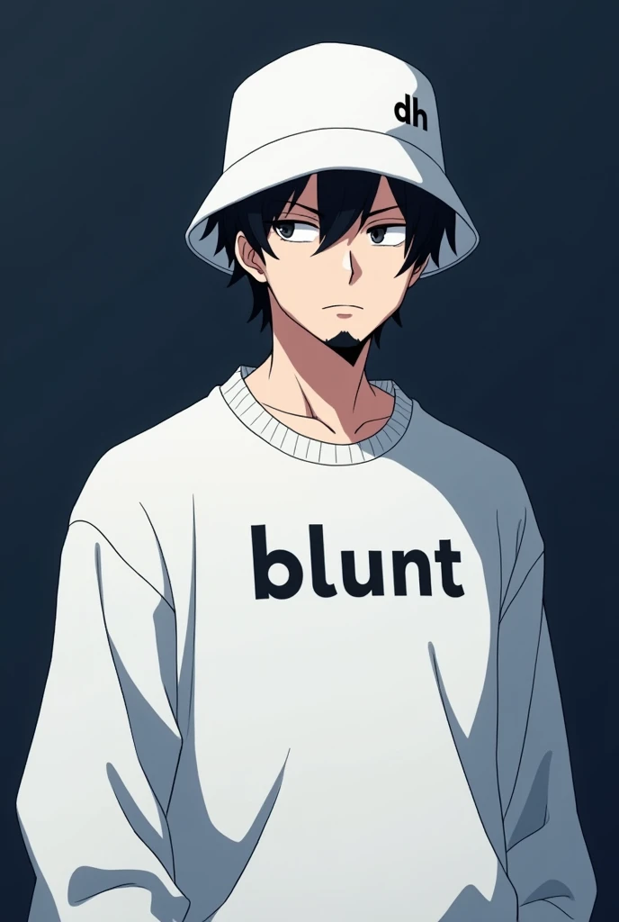 Adult male character in anime format with a white sweatshirt with the words BLUNT written on it and a white bucket hat with the words DH written on the right corner, with short black hair and a goatee, looking serious, looking forward from the abdomen up, with a dark blue background. 