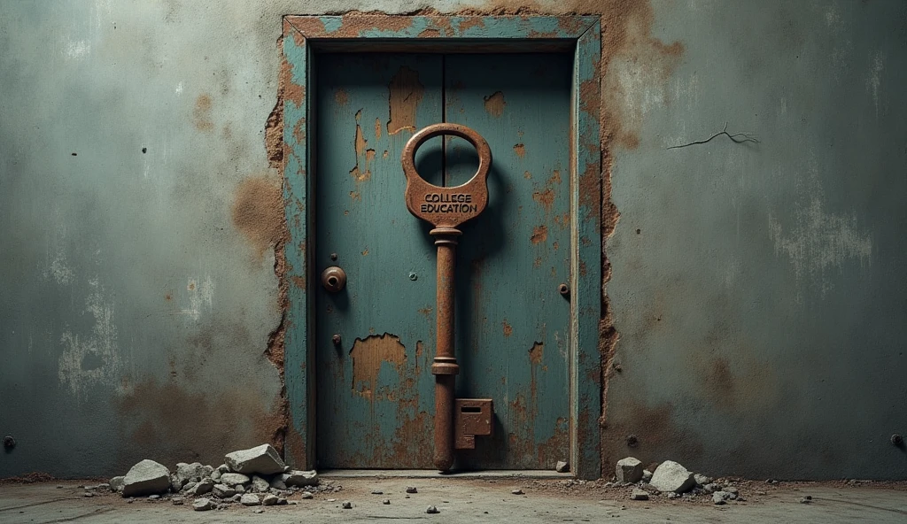 "Empty promises of higher education"
Depict a metaphorical image of a key labeled "College Education" failing to unlock a rusty, worn-out door, symbolizing the disillusionment with the promise of success. Make it more realistic