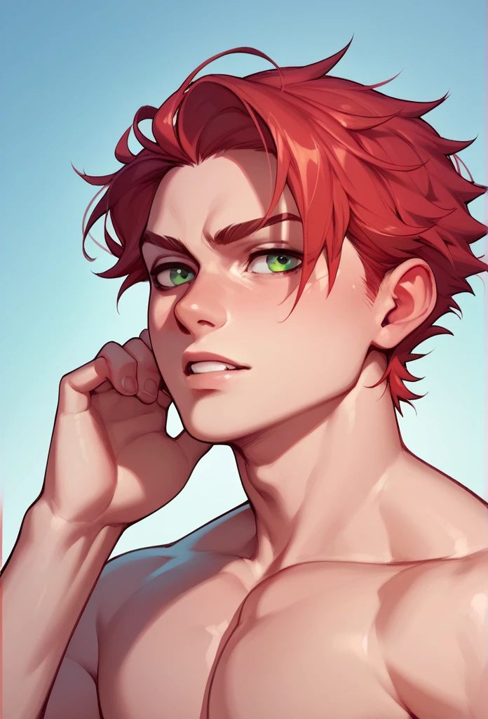 boy, Red-Haired, hairless, bright green eyes