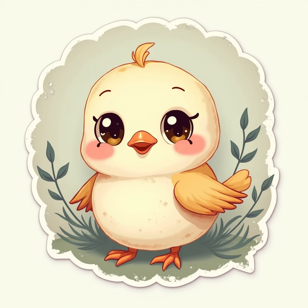 A kawaii bird sticker in vintage style, with desaturated colors and distressed details, with a white border that makes the nostalgic sticker look more defined.