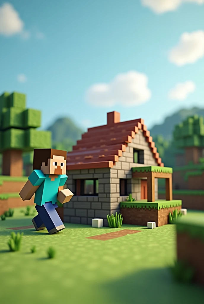 Make a picture of 3d and animated minecraft where steve making his first house make it landscape