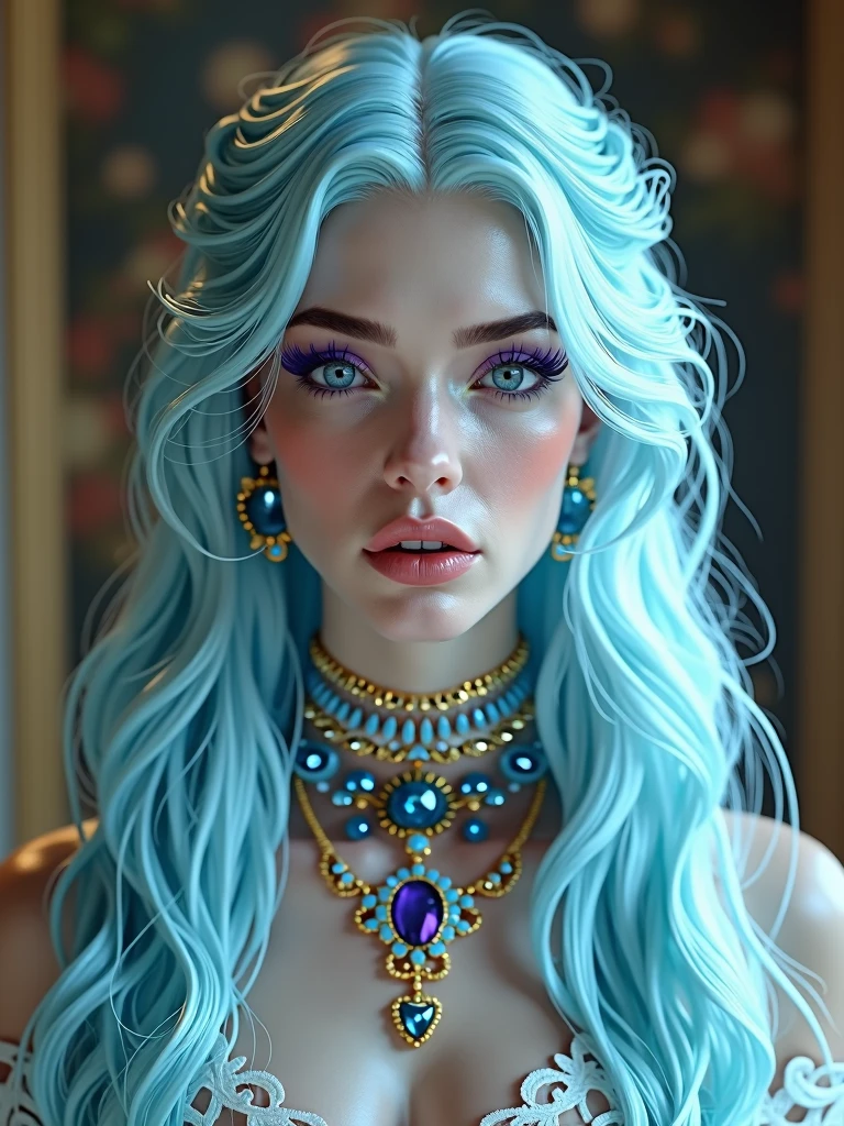Create full body portrait of Ice Goddess, Ethereal woman stands in a warm, cinematic lighting, soft focus on her delicate features. Her long, flowing aqua hair cascades down, framing her porcelain complexion and striking facial structure. Her eyes, a masterpiece of eyeshadow and eyeliner, shimmer with three gradient purple hues, complemented by her double eyelids and luscious lashes. Rosy cheeks add a touch of warmth to her otherwise otherworldly beauty. Glossy skin glows, highlighting each pore and wrinkle. Full lips, painted with golden glitter lipstick, match the radiant tone of the aqua and purple jewels adorning her neck.