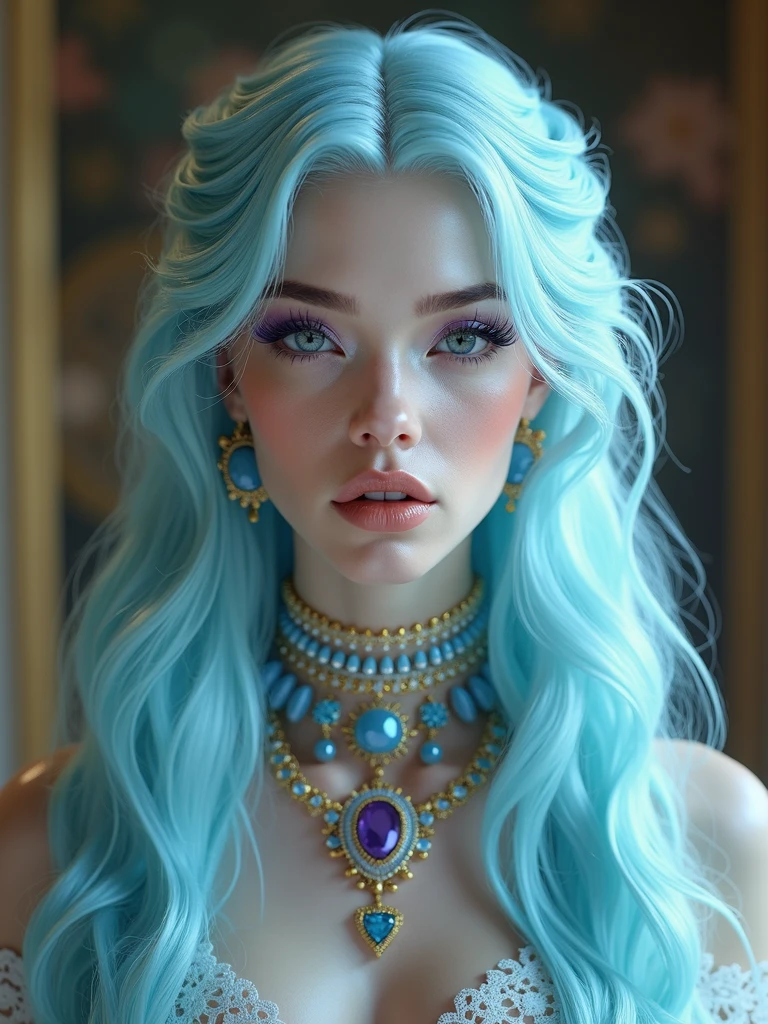 Create full body portrait of Ice Goddess, Ethereal woman stands in a warm, cinematic lighting, soft focus on her delicate features. Her long, flowing aqua hair cascades down, framing her porcelain complexion and striking facial structure. Her eyes, a masterpiece of eyeshadow and eyeliner, shimmer with three gradient purple hues, complemented by her double eyelids and luscious lashes. Rosy cheeks add a touch of warmth to her otherwise otherworldly beauty. Glossy skin glows, highlighting each pore and wrinkle. Full lips, painted with golden glitter lipstick, match the radiant tone of the aqua and purple jewels adorning her neck.