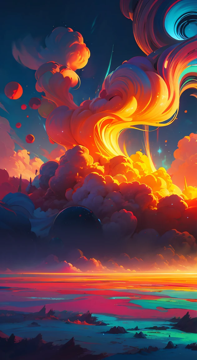 a surreal colorful abstract landscape, vibrant and flowing liquid paint clouds, minimalist design, psychedelic, dreamlike atmosphere, high quality, intricate details, 4k, 8k, photorealistic, masterpiece