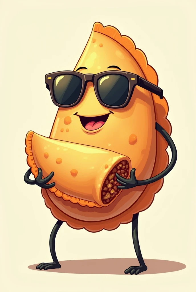 an image of an empanada holding another bitten empanada with sunglasses the empanada that holds it (Colombian empanada)