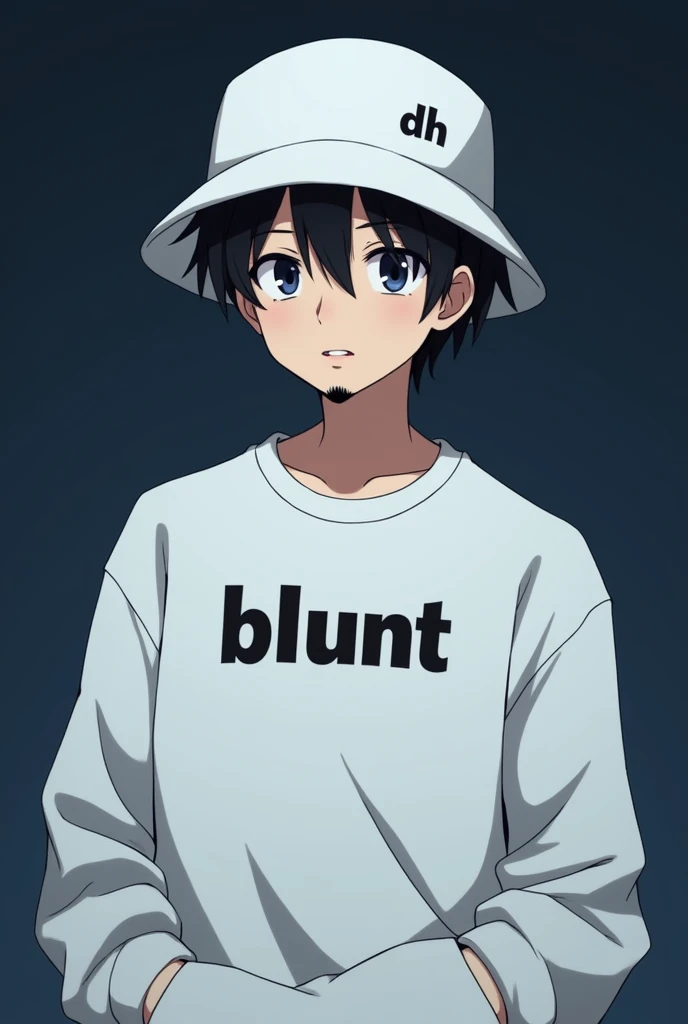 Adult male character in anime format with a white sweatshirt with the words BLUNT written on it and a white bucket hat with the words DH written on the right corner, with short black hair and a goatee, looking serious, looking forward from the abdomen up, with a dark blue background. 