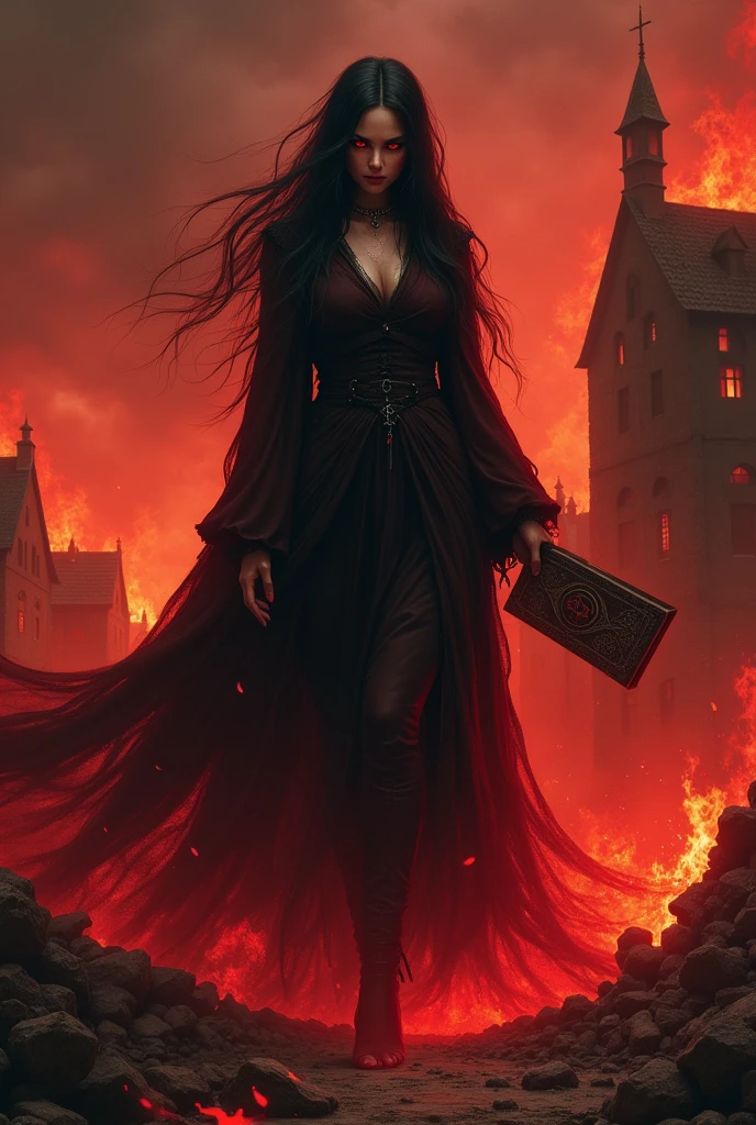 witch , ,burning village ,dark red Magic devil book , flat chest , slim , very long pitch black hair , red eyes , veins, possessed by the Devil ,old witch robe, sad, beautiful face