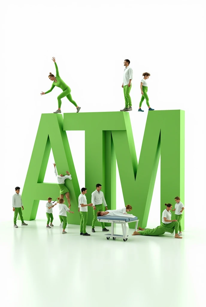 I would like an image in which the letters of the acronym ATM in green appear highlighted on a white background with people walking., gymnastics, acupuncture and relaxing massage.