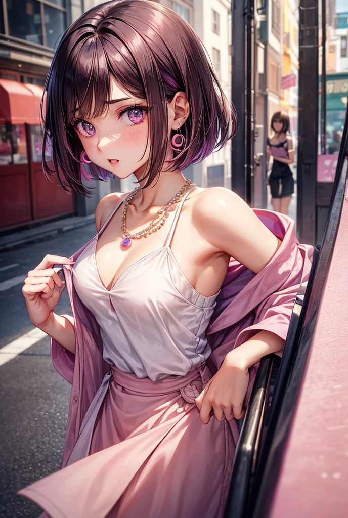 young woman of 20 years old. bob cut brown hair with a blond strand sticking out in front. eyes gradient pink and purple with eyeliner. discreet pink earrings and white necklace with pink pearl. she looks surprised. bare shoulders. Small breasts. See from the front of the girl. anime art