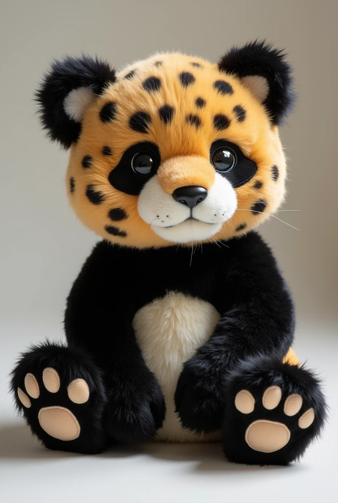 Create an image of a brown panda stuffed animal, that is, a combination between a leopard and a panda with a leopard face.

