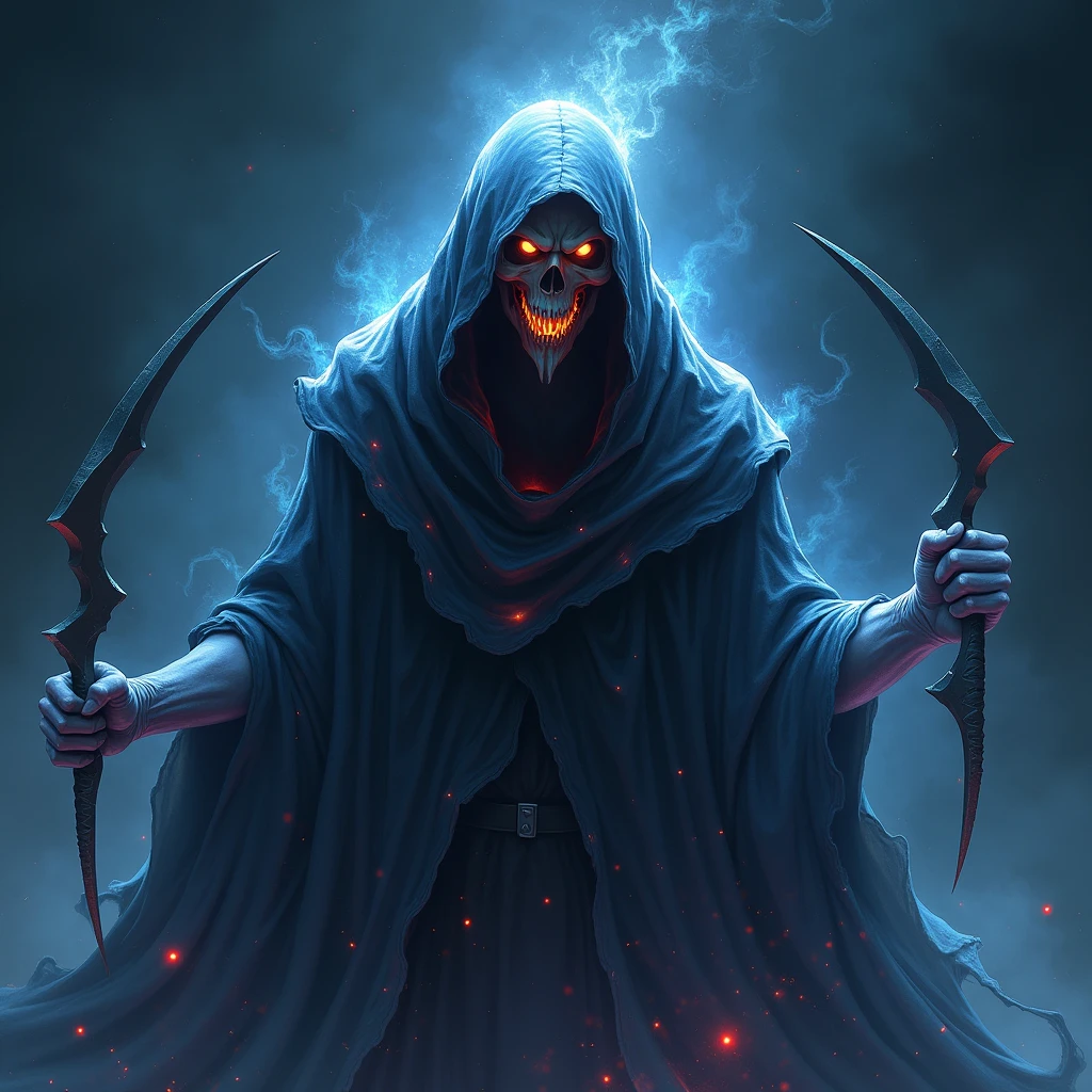 ((Logo e-sport niji art-style)) Portrait highly detailed dark fantasy illustration of a close-up BIG menacing skull-Devil shrouded in a tattered, dark blue hooded cloak, glowing orange eyes, sinister grin with sharp teeth, cloak made of mystical, flowing energy, ghostly, ethereal look, deep, dark space background with splashes of blue and white, two curved, sharp MID-Daggers blades partially visible Pointing to the ends, emerging from beneath the cloak, powerful, ominous atmosphere with intricate detailing and vibrant highlights, (best quality,4k,8k,highres,masterpiece:1.2),ultra-detailed,(semi-realistic:1.37),HDR,UHD,studio lighting,ultra-fine painting,sharp focus,physically-based rendering,extreme detail description,professional,vivid colors,bokeh,dark fantasy,horror,concept art ((more detail, enhanced, poakl))