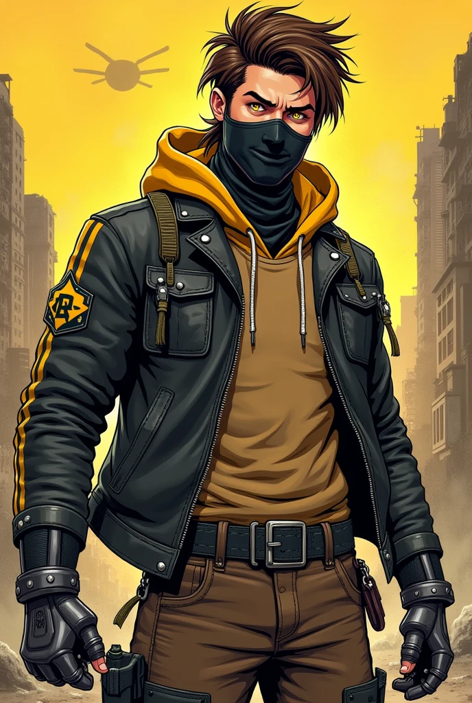 young Man with brown dishelved hair Mullet, yellow eyes, facemask, black AND yellow leather jacket with yellow hood, brown tshirt, brown pants, black boots, great metal gloves, punk, mad Max, comic style, draw style
